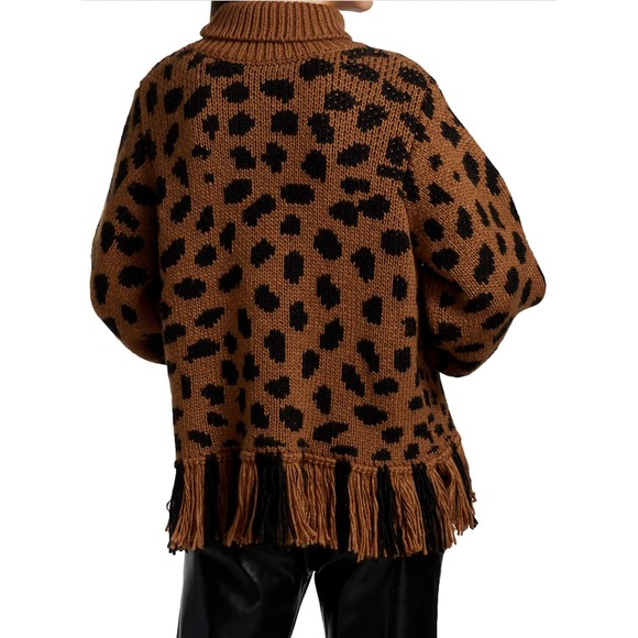 Farm Rio Leopard Fringe Sweater S Turtleneck Pullover Brown Black Knit Wool New - Picture 4 of 11